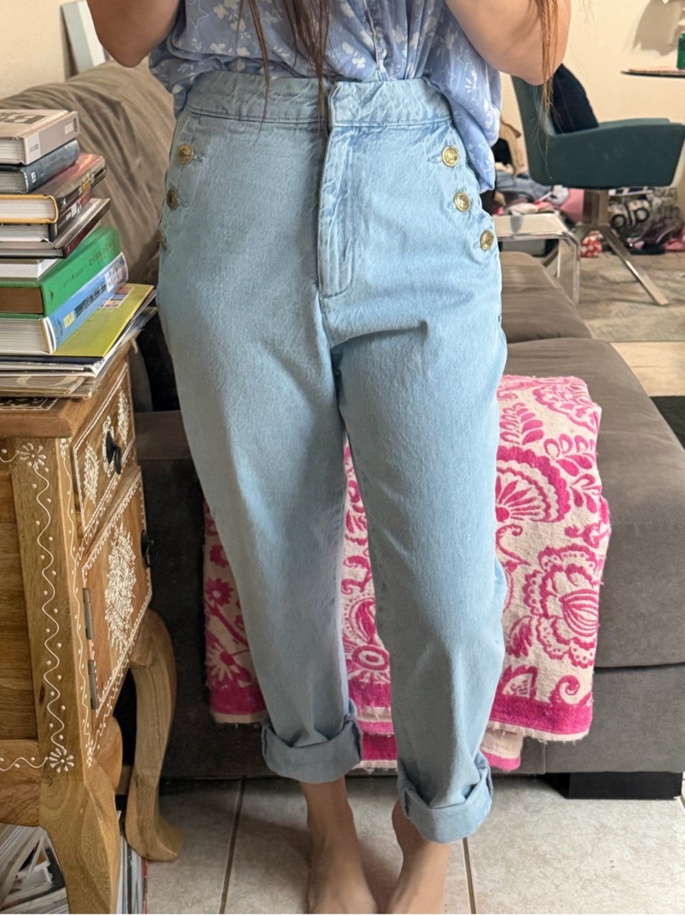 Zara Light Blue Boyfriend Jeans with Gold Buttons